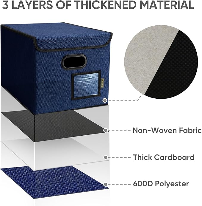 BALEINE File Organizer Box with Lid, Collapsible File Folder Organizer with Plastic Slide, Hanging File Folder Box for Office Document Storage (2 Pack, Blue)