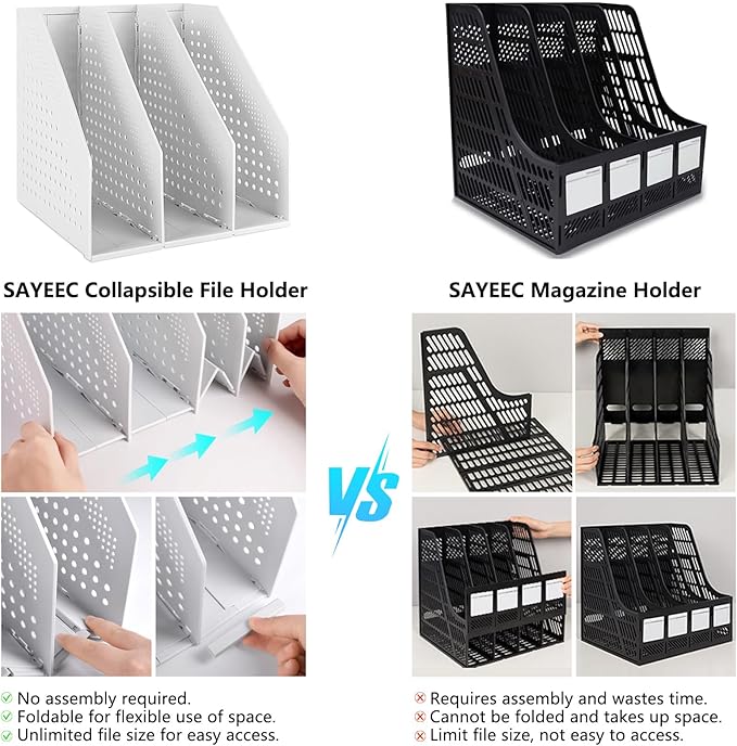 SAYEEC 2Pcs Collapsible Plastic Magazine File Holder Vertical Binder Storage Organizer for Desk Sturdy Upright Desktop Magazine Organizer Folder Rack for Office School Home (3 Compartments, Gray)