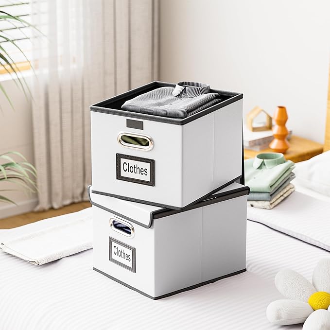 Huolewa Upgraded File Organizer Box with Lid, Collapsible Faux Leather Hanging File Folder Box Organizer with Plastic Slides, Decorative Home/Office Filing System Box for File and Folders Storage