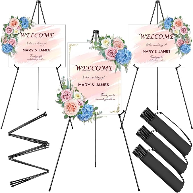AROIC 63" Easel Stand for Display, 3 Pack Portable Foldable Metal Easel, Easels for Signs Wedding Logos,Arts, Painting,Adjustable Floor Easels with 3 Storage Bag