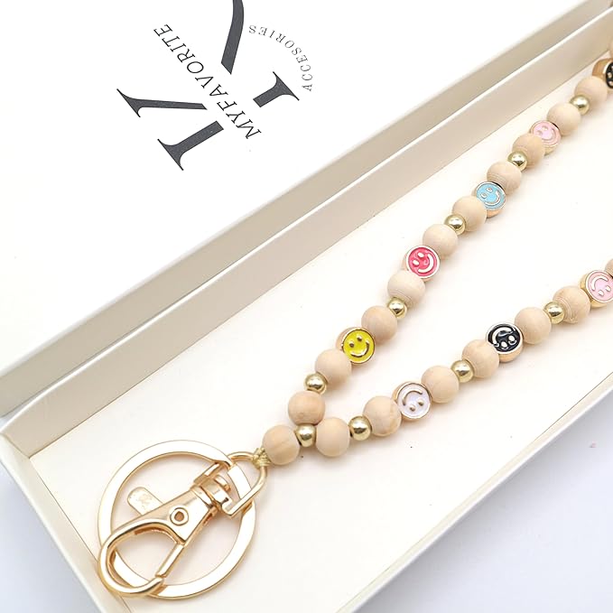 Smile Teacher Lanyard for Women ID Badges and Keychain Cute Happy Wood and Metal Beaded Lanyard Badge Holder