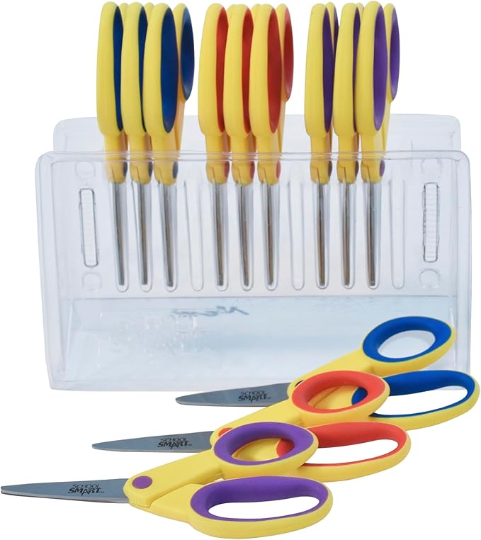 School Smart Pointed Tip Kid's Scissor, 5 Inch, Assorted Colors, Pack of 12