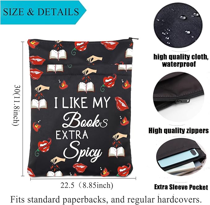 LQRI Spicy Book Lover Book Sleeve with Zipper Smut Slut Gift I Like My Books Extra Spicy Smut Reading Book Sack Bookish Gift