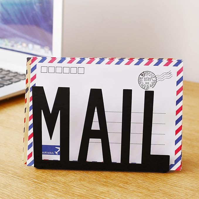 Mail Holder,Mail Organizer Black Metal Letter Sorter Tabletop Mail Cutout Organizer Mail Letter Document Stand with Letter Opener for Desktop Home Office School（2Pcs)
