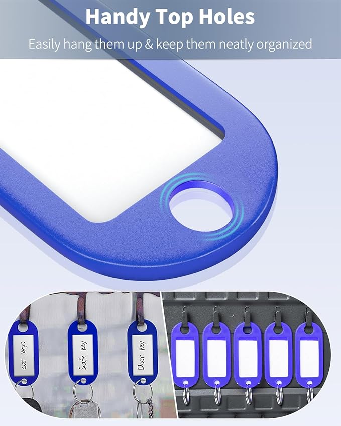 Uniclife 10 Pieces Key Tags 2 Inch Soft Plastic Key Chain Tags with Blank Paper Labels Clear Windows Protective Films and Split Rings Flexible Item Identifiers, Blue