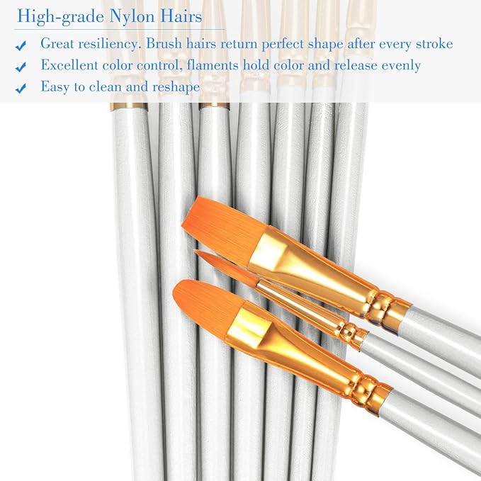 BOSOBO Paint Brushes Set, 4 Pack 40 Pcs Round Pointed Tip Paintbrushes Nylon Hair Artist Acrylic Paint Brushes for Acrylic Oil Watercolor, Face Nail Art, Miniature Detailing & Rock Painting, White