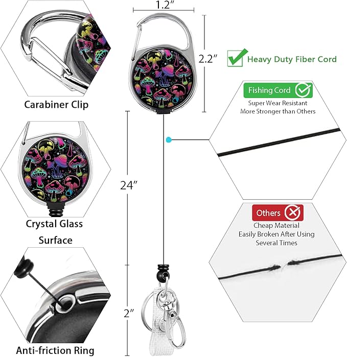 Teacher Lanyards for ID Badges and Keys, Retractable ID Badge Holder with Lanyard, Cute Mushroom Badge Reel Heavy Duty with 360 Degrees Rotate Carabiner Clip, Nurse Student Office Gifts