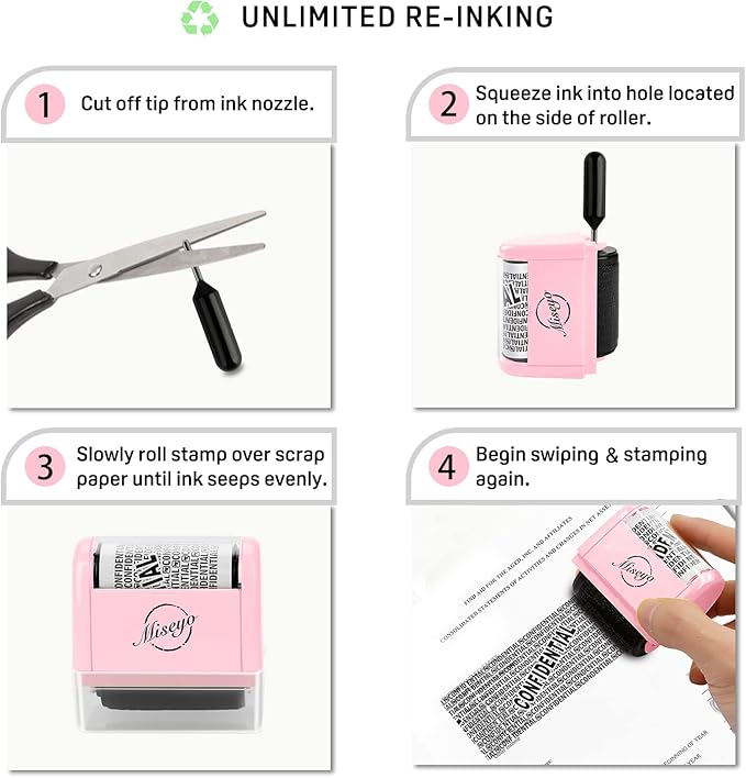 Miseyo Wide Roller Stamp Identity Theft Stamp 1.5 Inch Perfect for Privacy Protection - 3Pack Set (Pink)