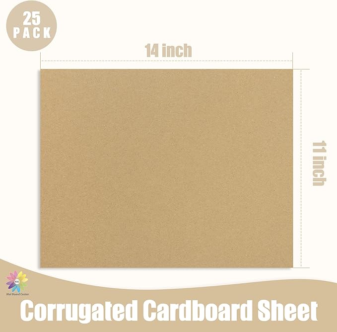 Mat Board Center, 25 pack 11x14 Brown Cardboard sheet, 1/8 inch thick, Flat Corrugated Cardboard Inserts for Packing, Shipping, Mailing, Cardboard Backing, Art Craft Card Board
