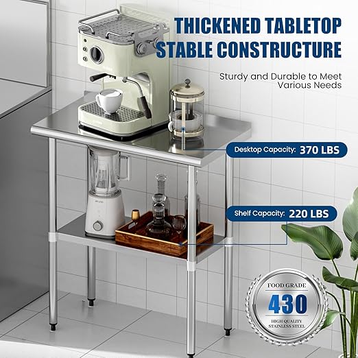 Stainless Steel Table 18 x 30 Inches Metal Prep Table with Backsplash & Adjustable Undershelf for Commercial Kitchen, Outdoor, Restaurant, Hotel & Garage