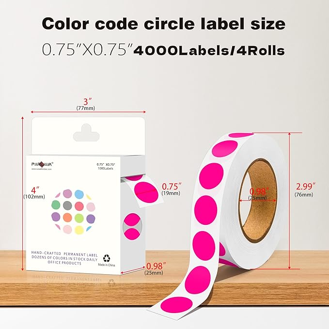 PARLAIM 0.75 inch Diameter Colored Dot Stickers 4 Rolls Pack 4000pcs Fluorescent Pink Round Label Color Coding Marking Stickers Permanent Adhesive for Garage Sale