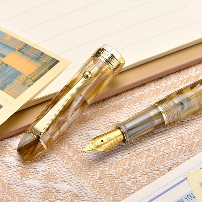 Asvine V126 Vacuum Filling Fountain Pen Extra Fine Nib, Brown Swirl Acrylic, Large-Capacity with Gift Case