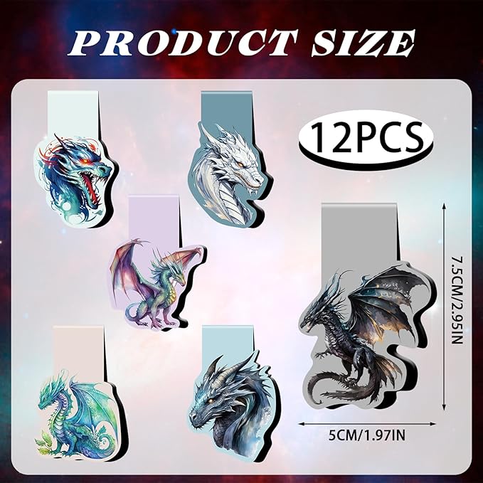 Dragon Magnetic Bookmark Gifts - 12 Pcs Cool Dragons Book Mark Magnets Dragon Rider Bookmarks Magnetic Aesthetic Fantasy Bookmark Magnets Page Clip Gift for Book Lovers Students Reading