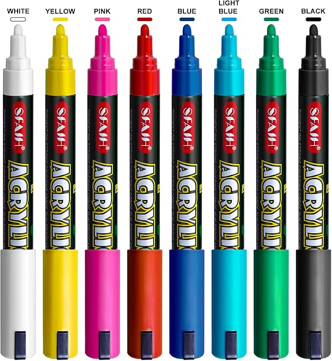 SFAIH Acrylic Creative Markers - 3mm Replaceable Nibs 8 Colors, Large Ink Capacity, Ultra-High Coverage, Non-Bleeding Water-Based Ink, Drawing Markers for Art Supplies, Wood, Fabric, Rock Painting