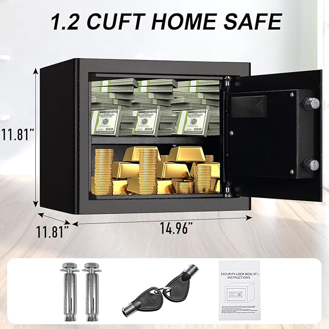 Tenamic Fireproof Safe Box 1.2 Cuft Electronic Digital Security Box, Keypad Small Lock Box Cabinet Safes with Internal Light, Solid Alloy Steel Office Hotel Home Safe with 2 Passwords, Black