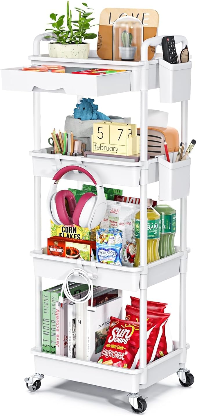 4 Tier Rolling Utility Cart with Drawer, Utility Storage Organizer with Plastic Shelf & Lockable Wheels Multifunctional Storage Cart for Kitchen, Bathroom, Office, Living Room, White