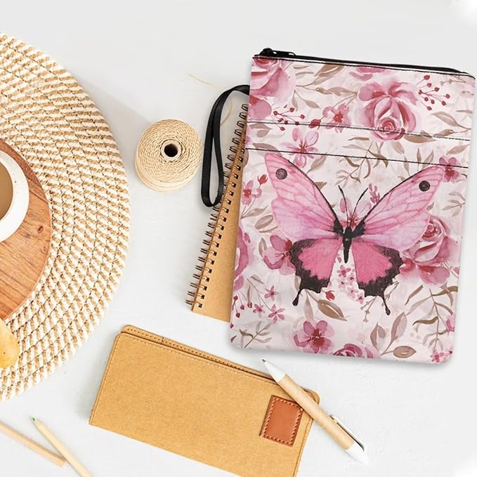COEQINE Pink Butterfly Book Sleeve for Paperbacks Aesthetic Book Cover Portable Chain Front Pocket Keep Book Clean Washable