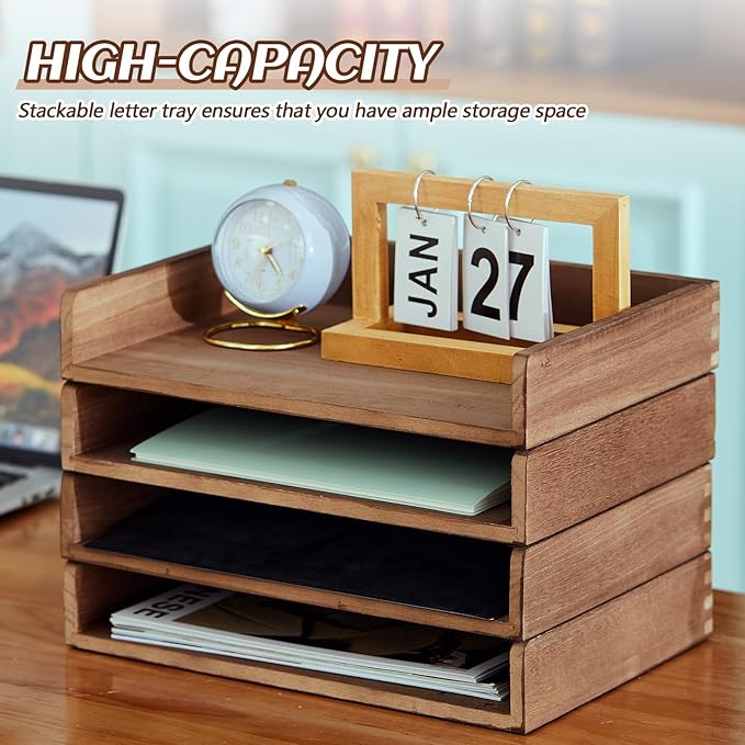 Yeaqee 4 Pcs Stackable Paper Tray Letter Tray Desktop Letter Size Wood Desk Organizer Office Wooden Desk Shelf Paper Holder Folder Organization Rack for Mail File Letter Document (Dark Wood Color)