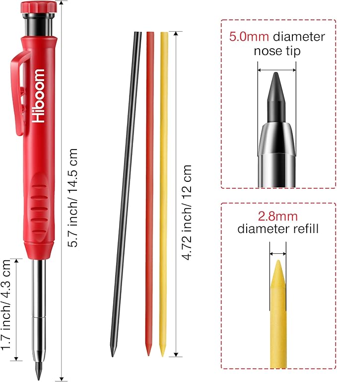 Hiboom 2 Pack Solid Carpenter Pencil with 14 Refill, Long Nosed Deep Hole Mechanical Pencil Marker with Built-in Sharpener for Carpenter Woodworking Architect with Design Patent (Black, Red)