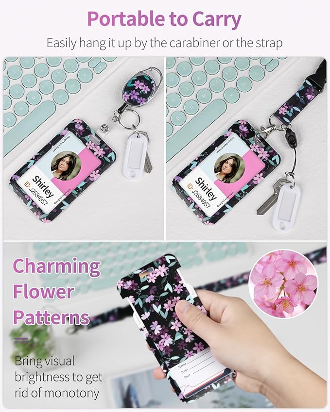 Uniclife Floral Sliding Badge Holder Purple Flower Plastic Case with Retractable Badge Reel Carabiner Clip & Detachable Lanyard Strap Fashionable Vertical Card Protector for Women Teacher Student