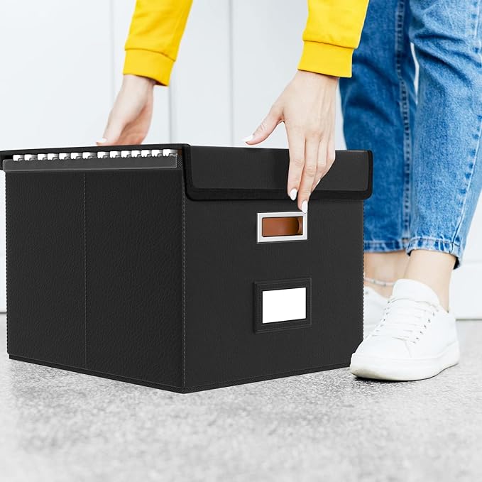 Huolewa Upgraded File Organizer Box with Lid, Collapsible Faux Leather Hanging File Folder Box Organizer with Plastic Slides, Decorative Home/Office Filing System Box for File and Folders Storage