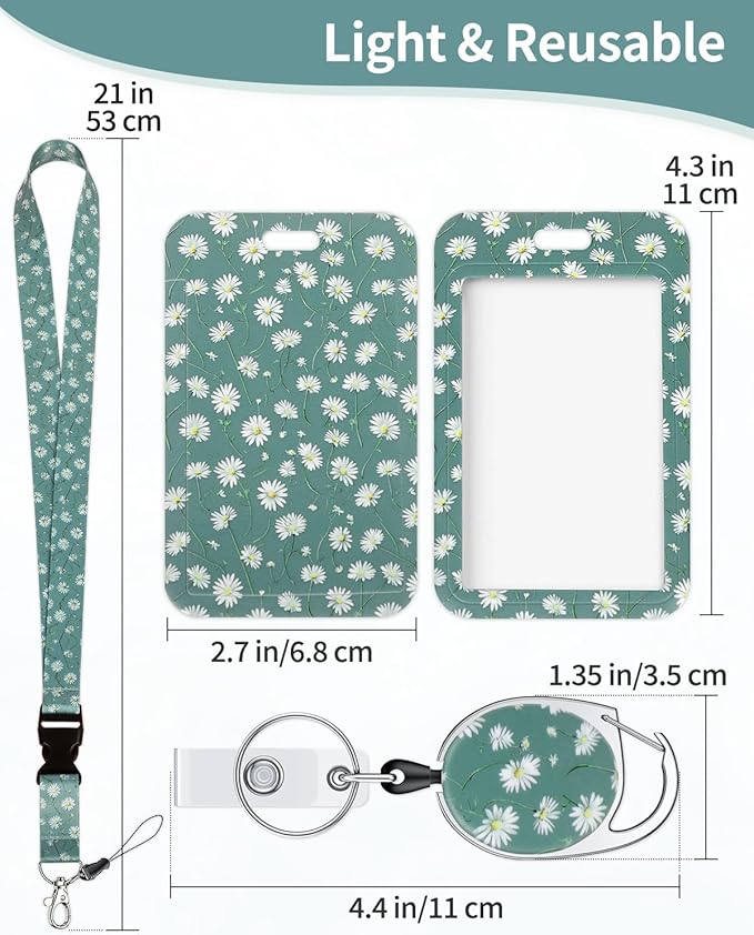 Uniclife Floral Sliding Badge Holder White Daisy Plastic Case with Retractable Badge Reel Carabiner Clip & Detachable Lanyard Strap Fashionable Vertical Card Protector for Women Nurse Teacher Student