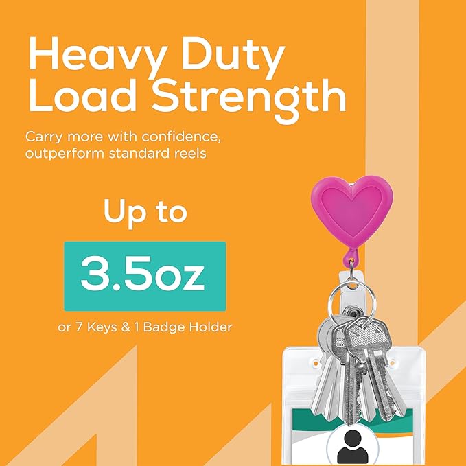 Will Well Badge Holders with Belt Clips for Securing onto Pockets and Purse Straps, with Retractable 27.5" UHMWPE Fiber Pull Cords, Strong Build with Fun Designs - 2-Pack, Heart Shape