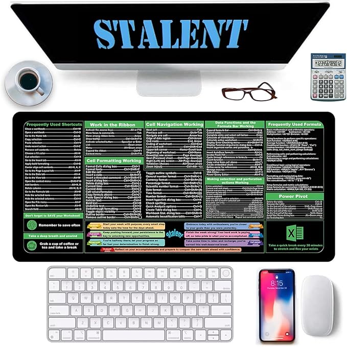 Excel Shortcuts Mouse Pad - XXL Extended Office Desk Mat (35.4"x15.7") - Cheat Sheet Keyboard Mat, Stitched Edges, Non-Slip Base, Spill-Resistant Surface - Employee Appreciation Gifts