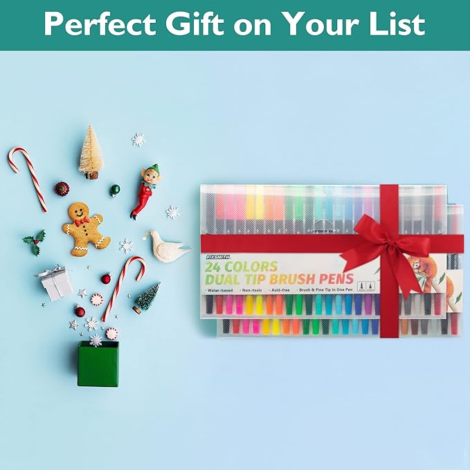 FIXSMITH Dual Brush Marker Pens - 24 Colored Art Markers, Fine Point & Brush Tip Water Based Markers, for Kids Adult Coloring Books Bullet Journals Planners, Note Taking Sketching Drawing Art