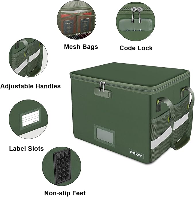 ENGPOW File Box with Lock, Fireproof Document Box with Zipper Lid, Collapsible File Storage Organizer Filing Cabinet with Handle, Portable Home Office Safe for Hanging Letter/Legal Folders, Green