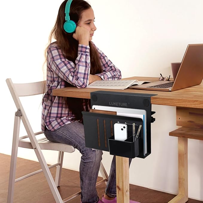 LUKETURE Desk Side Storage, Steel Side Desk Organizer, No Drill Laptop Holder, Clamp on Laptop Mount with Pen Holder, Table Hanging Storage for Home Office, Fits Flat Edge Tables 0.3" to 2.8"