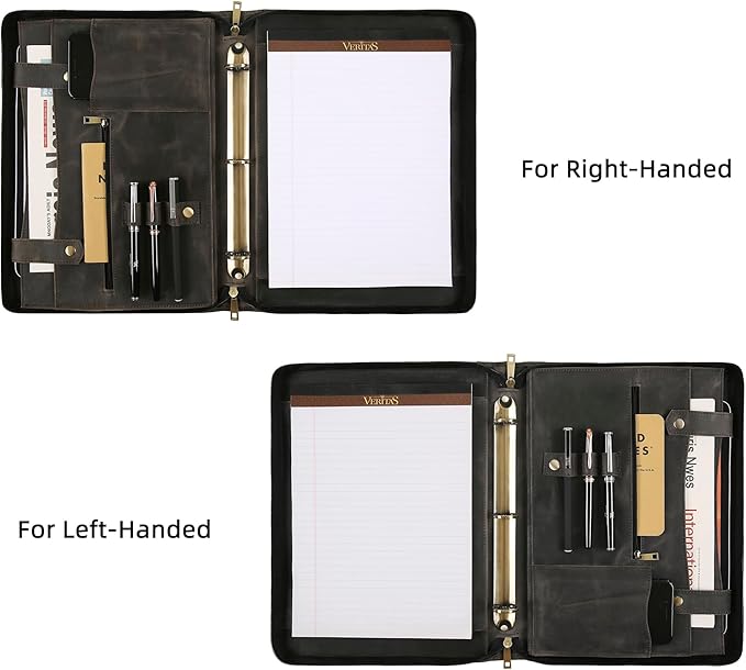 Portfolio Binder 3 Ring, Leather Binder Portfolio Folder for Left-Handed, Zippered Portfolio Padfolio Binder for Women, Leather Portfolio Organizer for Men (Grey, Non-Custom)