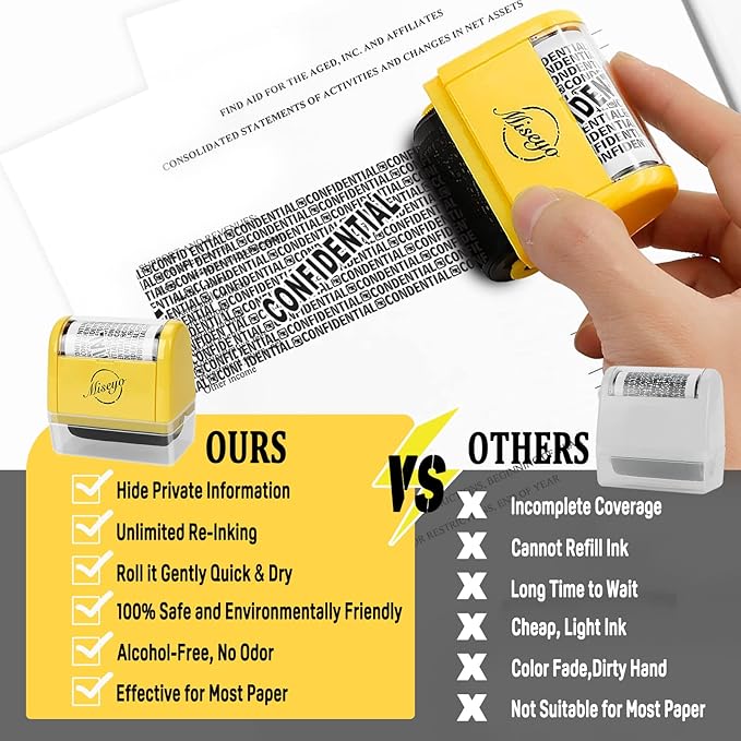 Miseyo Wide Roller Stamp Identity Theft Stamp 1.5 Inch Perfect for Privacy Protection - Yellow