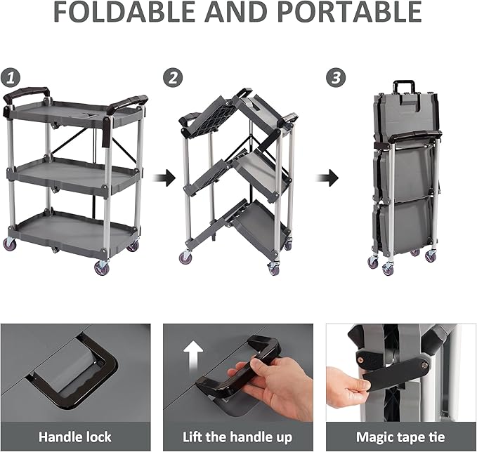 ELEVON Portable Folding Collapsible Service Cart Foldable Service Cart 3 Tier Collapsible Push Cart Folding Utility Carts with Wheels for Office Warehouse Home, Black