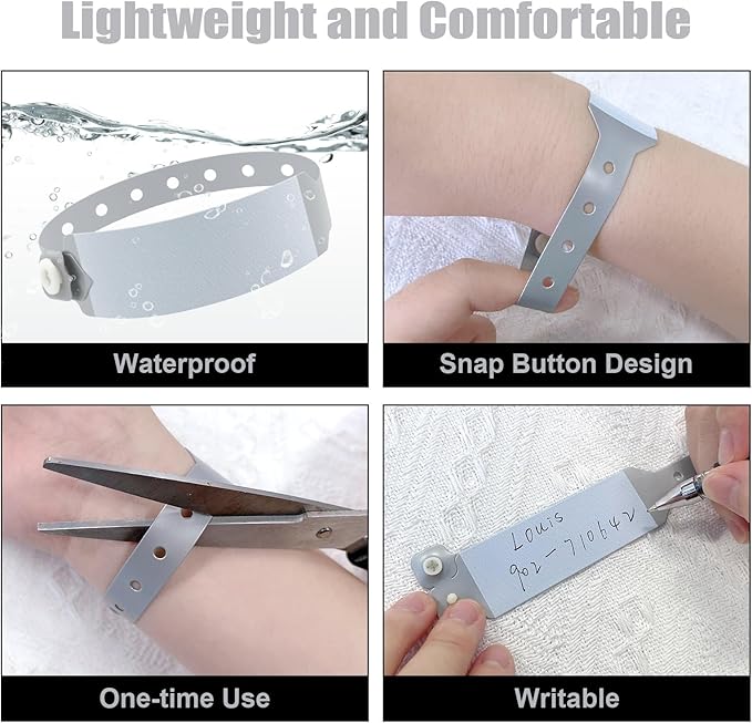 100pcs Vinyl Wristbands Hospital Identification Bands,Waterproof Adjustable Medical Wristband,Disposable Snap Wristband for Hospital (Color : Gray)