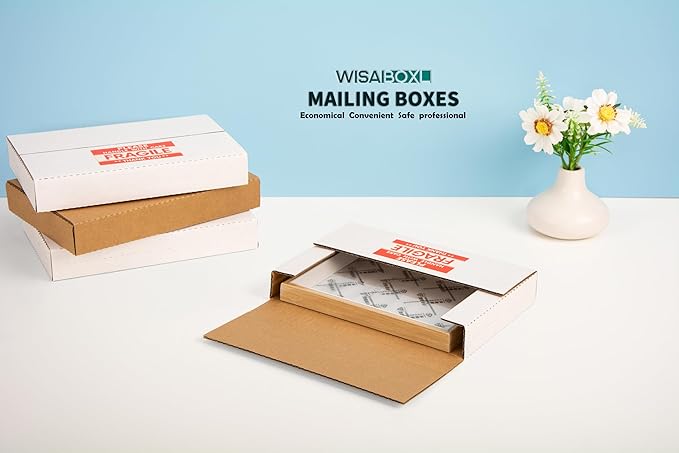 DVD Shipping Boxes 9"L x 6"W x 1.3"H Easy-Fold Small Box for Mailing, Storing, Package, Gifts, Crafts, Business or Home, with Fragile Stickers, White, 50-Pack