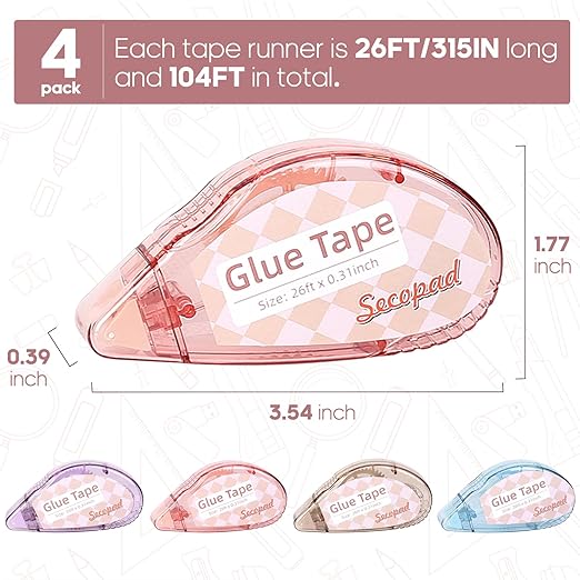 Scrapbook Tape, 4 Pack Double Sided Tape Roller for Crafts, Adhesive Glue Runner Scrapbooking Supplies Journaling School Office Supplies for Kids and Adults, 0.3IN x 26FT