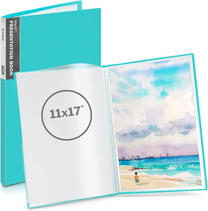 Dunwell 11x17 Portfolio Binder (Aqua), Presentation Book with 24 Clear Plastic Sleeves, Large Art Portfolio Folder, Acid-Free Poly Cover and Sleeves