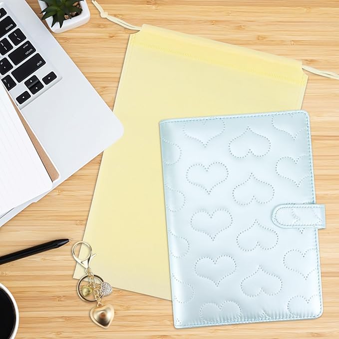A5 PU Leather Cotton-Padded Binder 6-Ring Notebook Binder Cover with Gold Keychain for A5 Filler Paper, Refillable A5 Personal Planner Budget Binder with Magnetic Buckle Closure (Light Blue, A5)