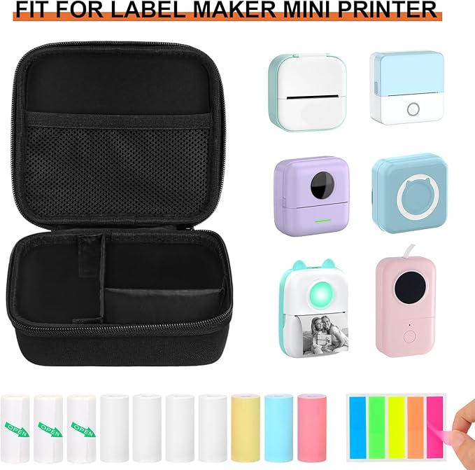 Mini Printer Carrying Case Compatible with Phomemo M02/ T02/ M02S/M02 pro/Q30S/M02X Mini Photo Printer, Mini Thermal Printer Hard Travel Case with Zipper Mesh (Black L)