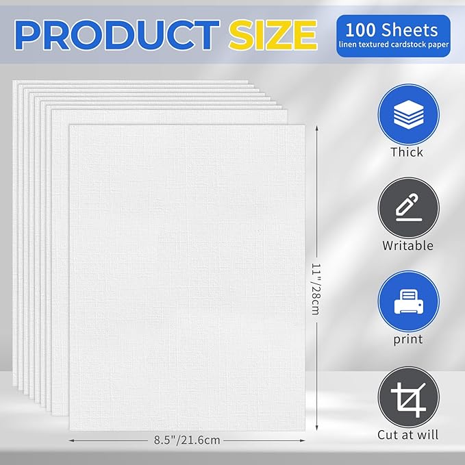 100 Sheets Linen Textured Cardstock Paper, 8 1/2 x 11" Blank White Printer Paper for Invitation Cards Making Office Printing Crafting Scrapbook DIY Projects, 92 lb Cover