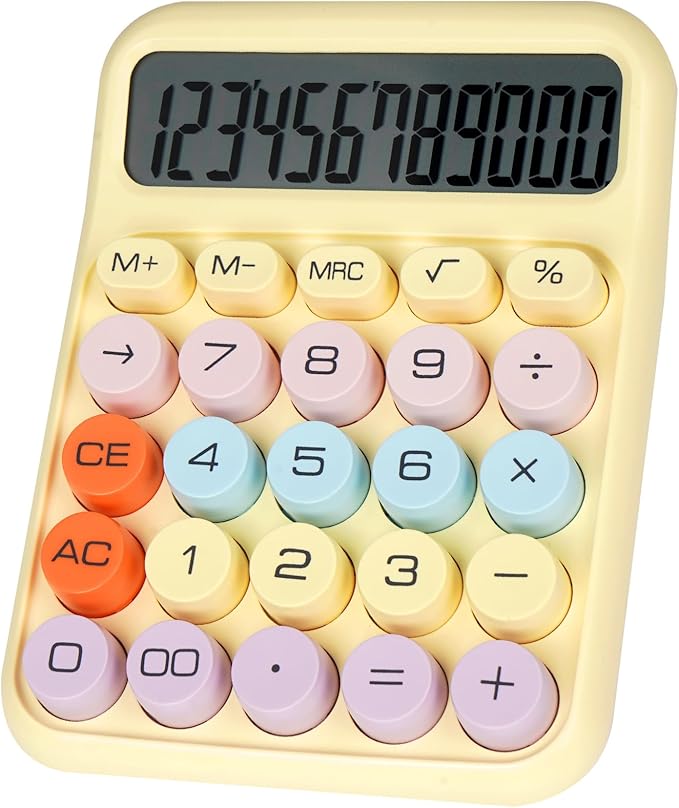 Mechanical Switch Calculator with Big Buttons, Calculators Desktop, 12 Digits, Large LCD Display, Desk Calculator, Cute Pink Calculator for Teachers Students Basic Office (Yellow)