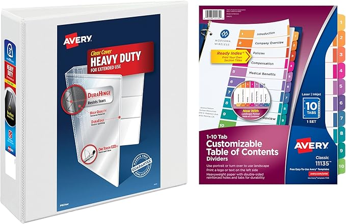 Avery Heavy-Duty View 3 Ring Binder with 3 Inch Rings, 10 Tab Customizable Table of Contents Binder Dividers, Office Supplies Set (01678)
