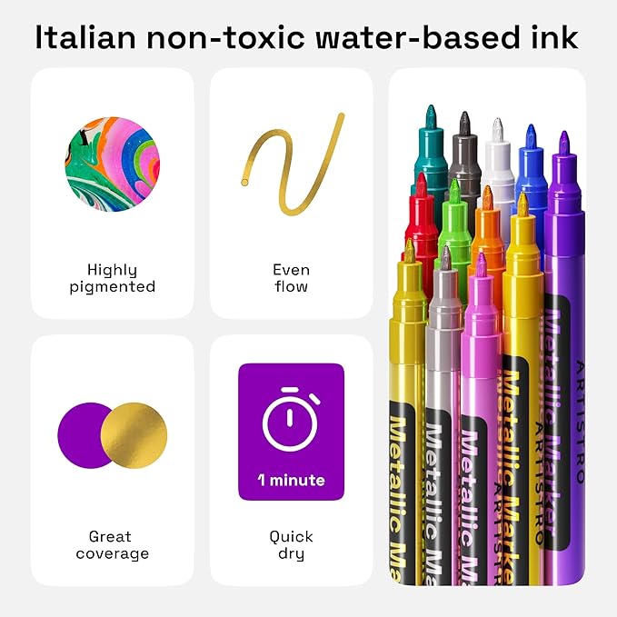 ARTISTRO Metallic Paint Pens for Rock Painting, Stone, Ceramic, Glass, Wood, Fabric, Pebbles, Scrapbook Journals, Photo Albums, Card Stocks. Set of 12 Acrylic Paint Markers Extra-Fine Tip 0.7mm