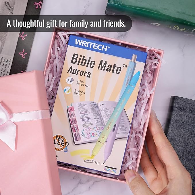 WRITECH Bible Mate Journaling Set: No Bleed Aesthetic Highlighters & 1.0 mm Black Ballpoint Pens, Bible Safe Dual Tip Highlighters, Pastel Colors, Fast-drying Ink, Bible Journaling Kit, 9ct