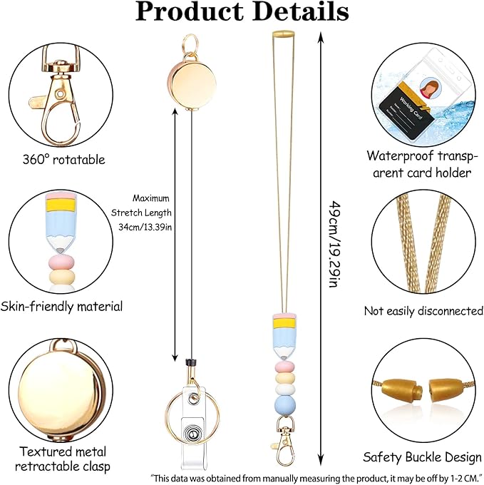 Colorful ID Badge Holder with Silicone Beads Lanyard Set,Cute Teacher Breakaway Lanyard for Keys & Keychain with Cute Retractable Badge Reel Holder,Gift for Women,Nurse, Teacher. (F)