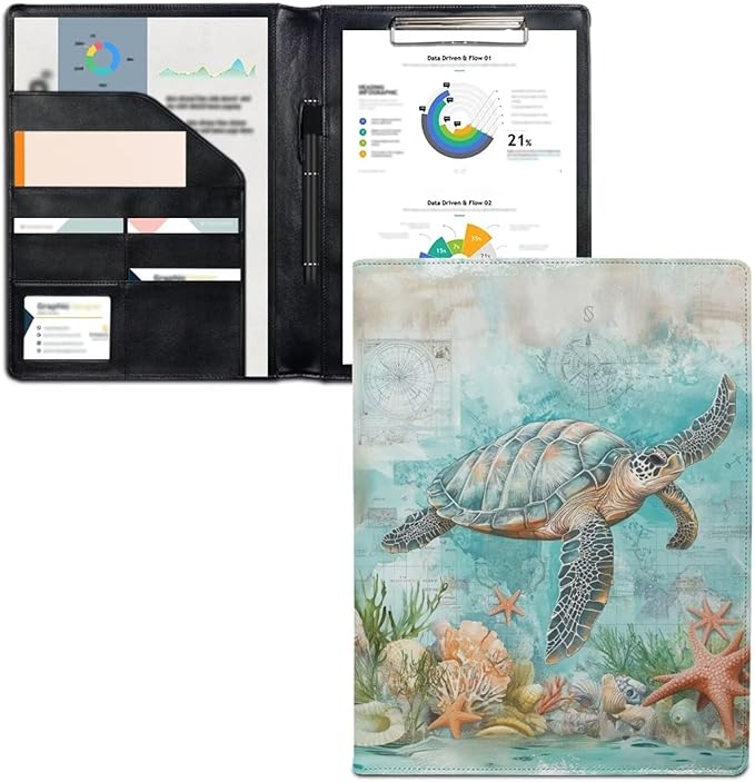 Cozeyat Beach Starfish PU Leather Portfolio Professional Organizer Padfolio for Women Girls, Sea Turtle Document Folio for Letter Size Writing Pad/Business Card Holder