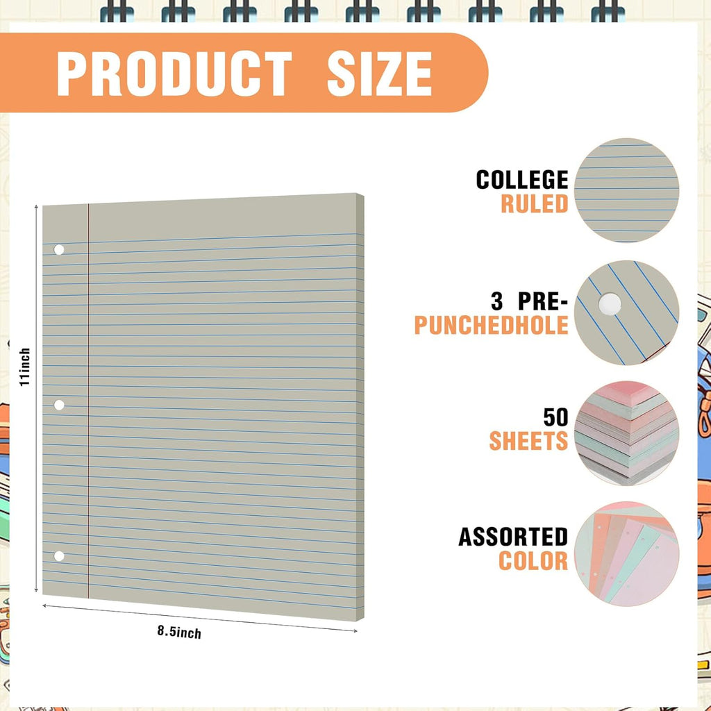 PerKoop 400 Sheets Colored Loose Leaf Paper 8.5" x 11" college ruled Lined 3 Hole Punched notebook Filler Paper for 3 Ring Binders Office School Supplies (Bohemian Color)