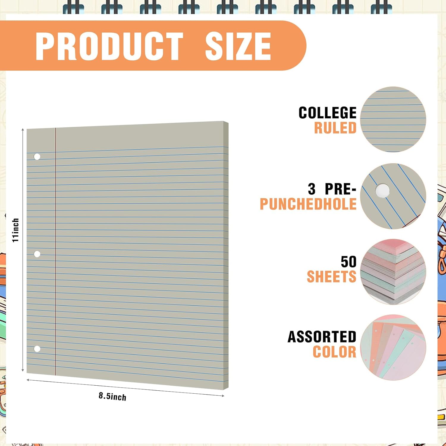 PerKoop 400 Sheets Colored Loose Leaf Paper 8.5" x 11" college ruled Lined 3 Hole Punched notebook Filler Paper for 3 Ring Binders Office School Supplies (Bohemian Color)