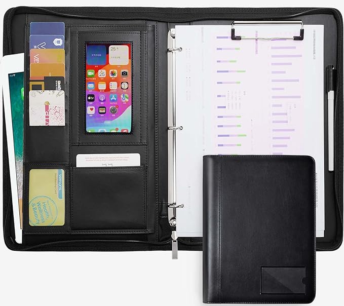 Portfolio Binder - 3 Ring Padfolio with Zipper, PU Business Portfolio Card Holder Tablet Sleeve A4 Writing Pad Clipboard, Meeting Document Organizer for Men Women